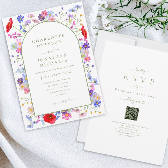 Colourful Wildflower Arch Website QR Code Invitation (Colorful wildflower arch website QR code wedding invitation elegant green typography script )