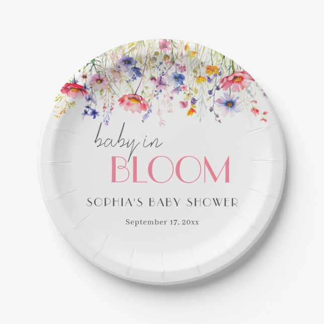 Colourful Wildflower Baby in Bloom Baby Shower Paper Plate (Front)