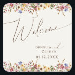 Colourful Wildflower | Beige Meadow Wedding Welcom Square Sticker<br><div class="desc">This colourful wildflower | beige meadow wedding welcome square sticker is perfect for your simple, whimsical boho rainbow summer wedding. The bright, enchanted pink, yellow, orange, and gold colour florals give this product the feel of a minimalist elegant vintage hippie spring garden. The modern design is artsy and delicate, portraying...</div>