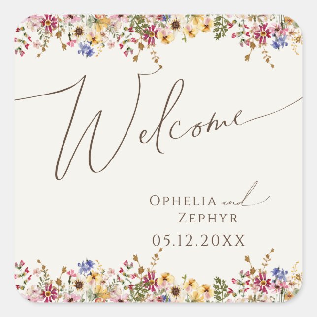 Colourful Wildflower | Beige Meadow Wedding Welcom Square Sticker (Front)
