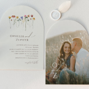 Colourful Wildflower Beige Monogram Photo Arch Invitation