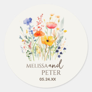 Colourful Wildflower Beige Monogram Photo Wedding Classic Round Sticker