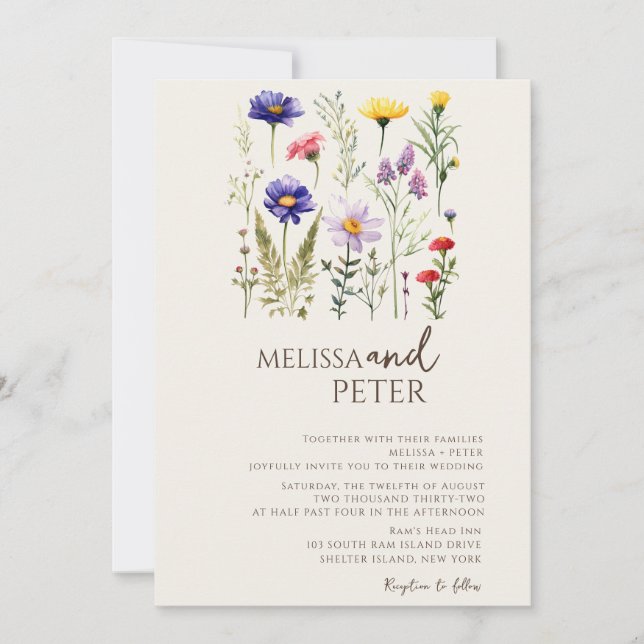Colourful Wildflower Beige Monogram Photo Wedding  Invitation (Front)