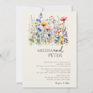 Colourful Wildflower Beige Monogram Photo Wedding  Invitation