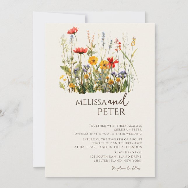 Colourful Wildflower Beige Monogram Photo Wedding  Invitation (Front)