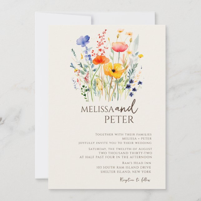 Colourful Wildflower Beige Monogram Photo Wedding  Invitation (Front)