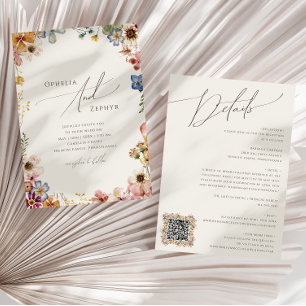 Colourful Wildflower Beige QR Code All In One Invitation