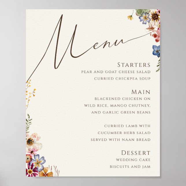 Colourful Wildflower | Beige Wedding Menu Sign (Front)