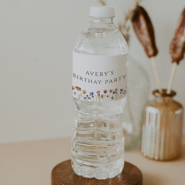 Colourful Wildflower Birthday Party With Name Water Bottle Label (Creator Uploaded)