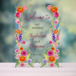 Colourful Wildflower Blooms Garden Wedding Welcome Acrylic Sign