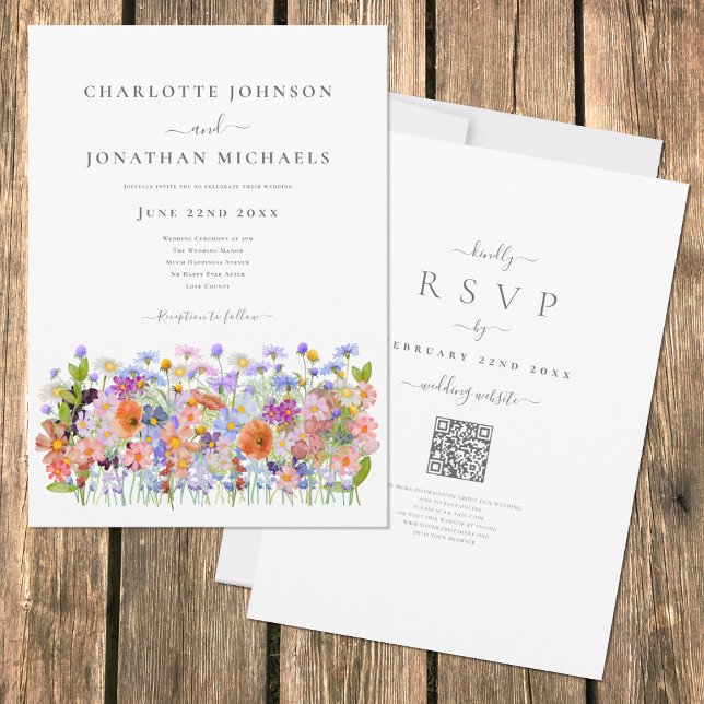 Colourful Wildflower Boho QR Code Wedding Invitation (Boho wildflower meadow colorful watercolor wedding invitation with elegant typography script )