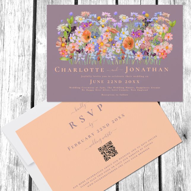 Colourful Wildflower Boho Wedding QR Code Invitation (Colorful Wildflower meadow boho peach fuzz wedding invitation with QR Code online RSVP)