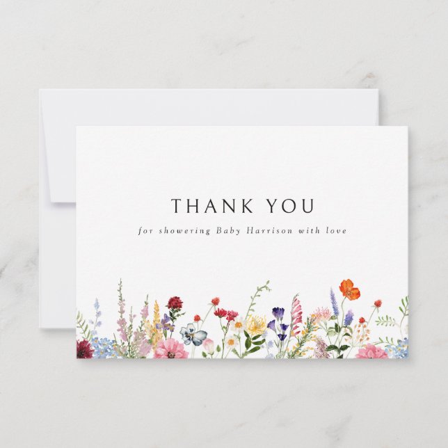 Colourful Wildflower Border Baby Shower Thank You Card (Front)