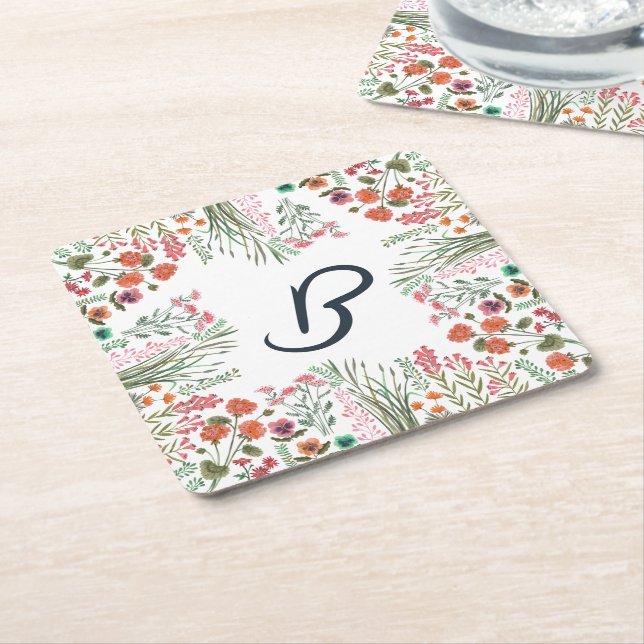 Colourful Wildflower Bridal Shower Monogram Square Paper Coaster (Angled)
