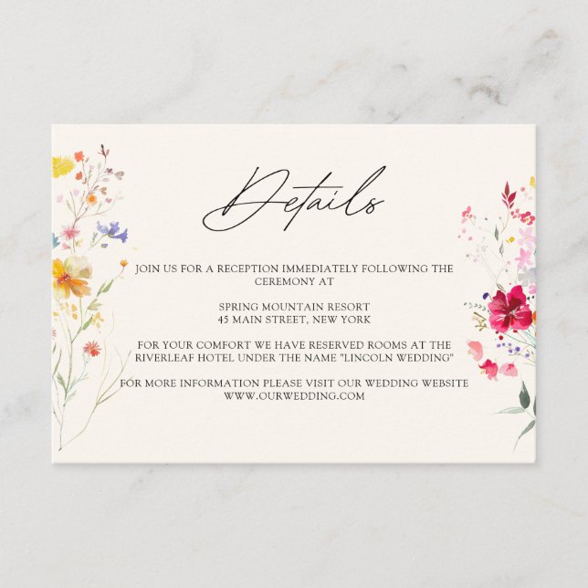 Colourful Wildflower Cream | Black Wedding Details Enclosure Card (Front)