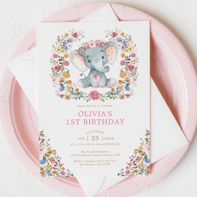 Colourful Wildflower Elephant Girl Birthday Party Invitation (Creator Uploaded)