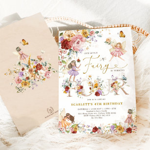 Colourful Wildflower Fairy Princess 4th Birthday Invitation