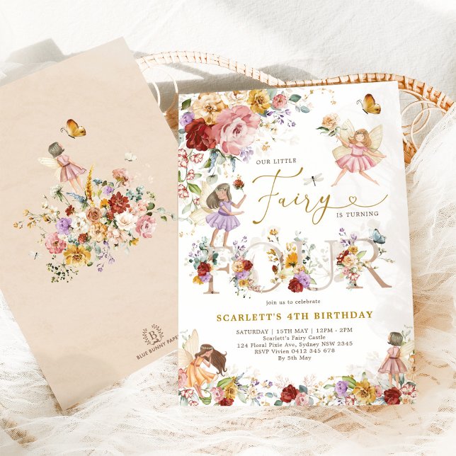 Colourful Wildflower Fairy Princess 4th Birthday Invitation (Creator Uploaded)