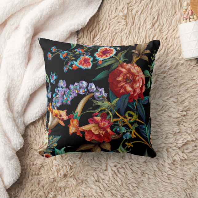 Colourful Wildflower Floral Art Black Throw Pillow (Blanket)