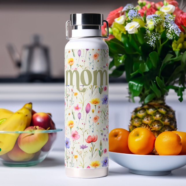 Colourful Wildflower Floral Pattern Soft Green Mum Water Bottle (Pretty mom water bottle from my Mother's Day Wildflower Collection)
