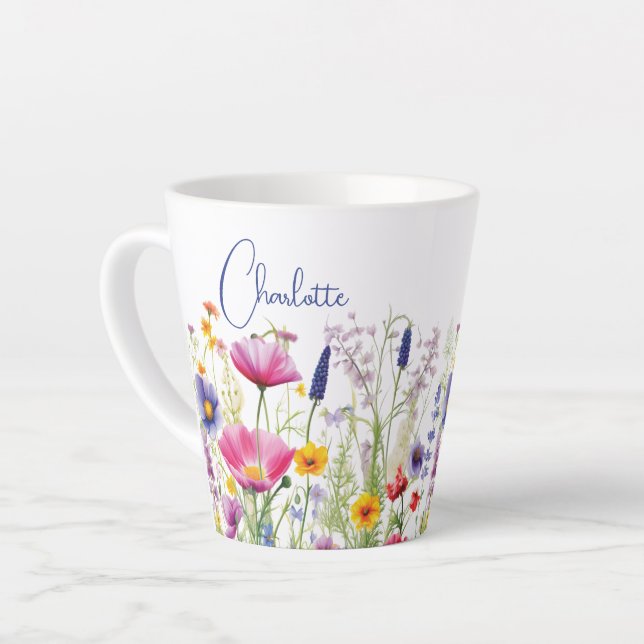 Colourful Wildflower Floral Personalised Name Latte Mug (Left Angle)