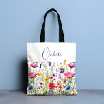 Colourful Wildflower Floral Personalised Name Tote Bag<br><div class="desc">Colourful Wildflower Floral Personalised Name Tote Bags features your custom personalised name in modern calligraphy script typography. Perfect for school,  work,  sports and home. Give a personalised gift for Christmas,  birthday,  holidays,  Mothers' Day to mum,  sister,  best friends,  teachers and more. Designed by Evco Studio www.zazzle.com/store/evcostudio</div>