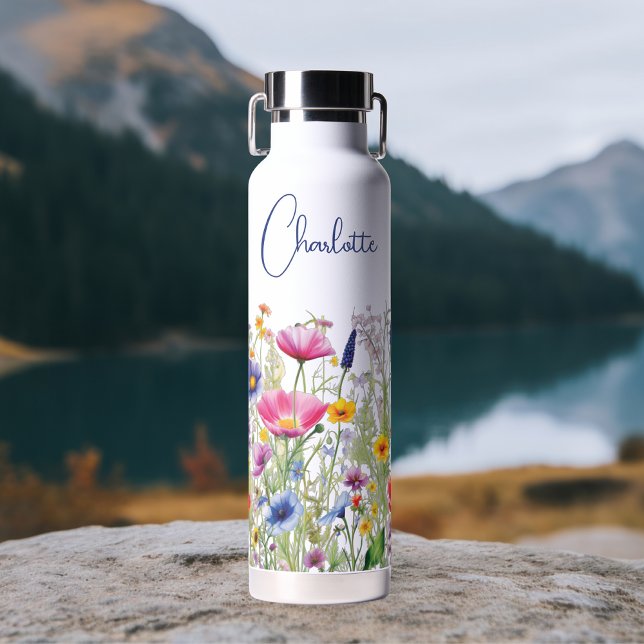 Colourful Wildflower Floral Personalised Name Water Bottle (Creator Uploaded)