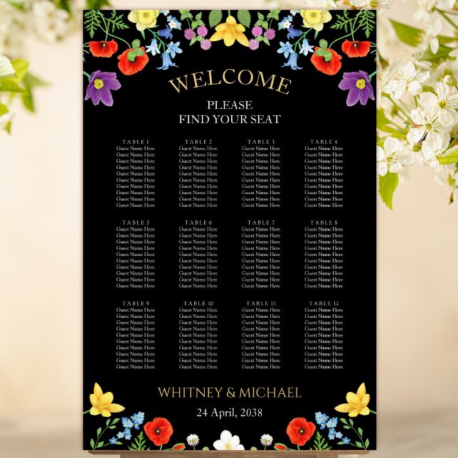 Colourful Wildflower Floral Wedding Seating Chart (Colorful Wildflower Black Floral Wedding Seating Chart)