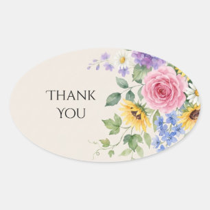Colourful Wildflower Floral Wedding Thank You Oval Sticker