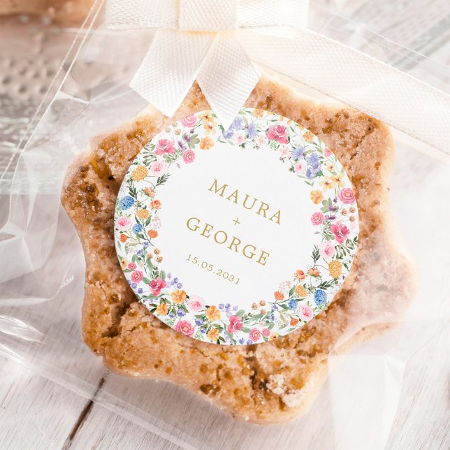 Colourful Wildflower Garden Floral Wreath Wedding Classic Round Sticker (Creator Uploaded)