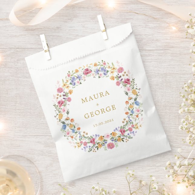 Colourful Wildflower Garden Floral Wreath Wedding Favour Bags (Clipped)