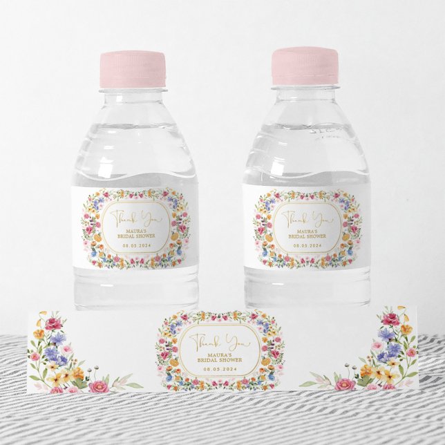 Colourful Wildflower Garden Flowers Wedding Party Water Bottle Label (Creator Uploaded)