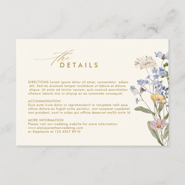 Colourful wildflower Garden Gold Wedding Details   Enclosure Card (Front)