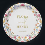 Colourful Wildflower Garden Wreath Wedding Paper Plate<br><div class="desc">This elegant design features cheerful watercolor wildflowers mixed with lush greenery foliage. Personalise the plate with your details. If you want to further re-arrange the style and placement of the text,  please press the "Click to customise further" button.</div>