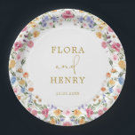 Colourful Wildflower Garden Wreath Wedding Paper Plate<br><div class="desc">This elegant design features cheerful watercolor wildflowers mixed with lush greenery foliage. Personalise the plate with your details. If you want to further re-arrange the style and placement of the text,  please press the "Click to customise further" button.</div>