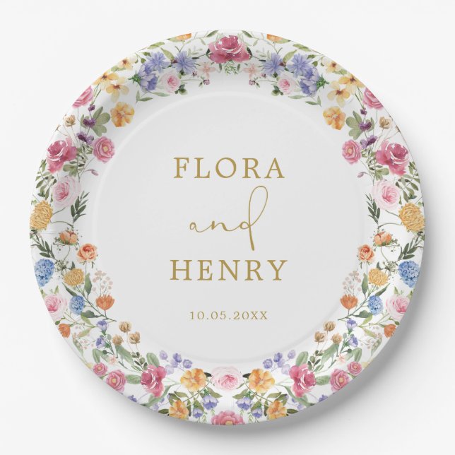 Colourful Wildflower Garden Wreath Wedding Paper Plate (Front)