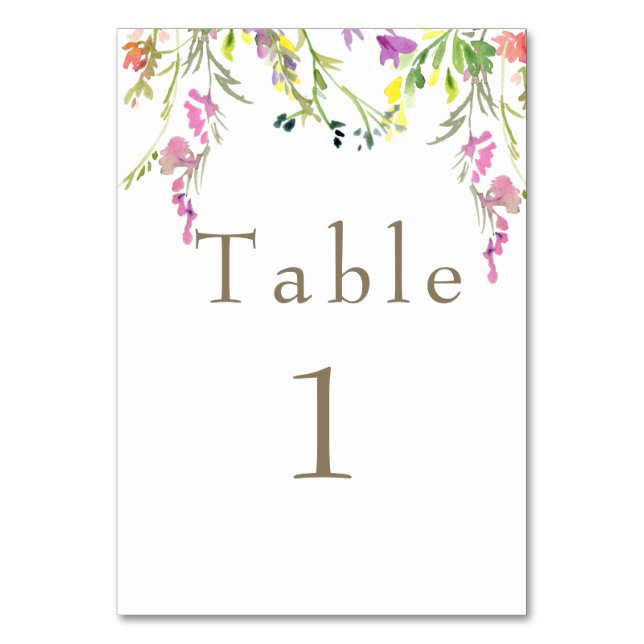 Colourful Wildflower Gold Text Table Number (Front)