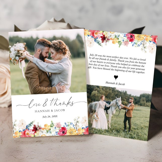 Colourful Wildflower Love and Thanks Wedding Thank You Card (Creator Uploaded)