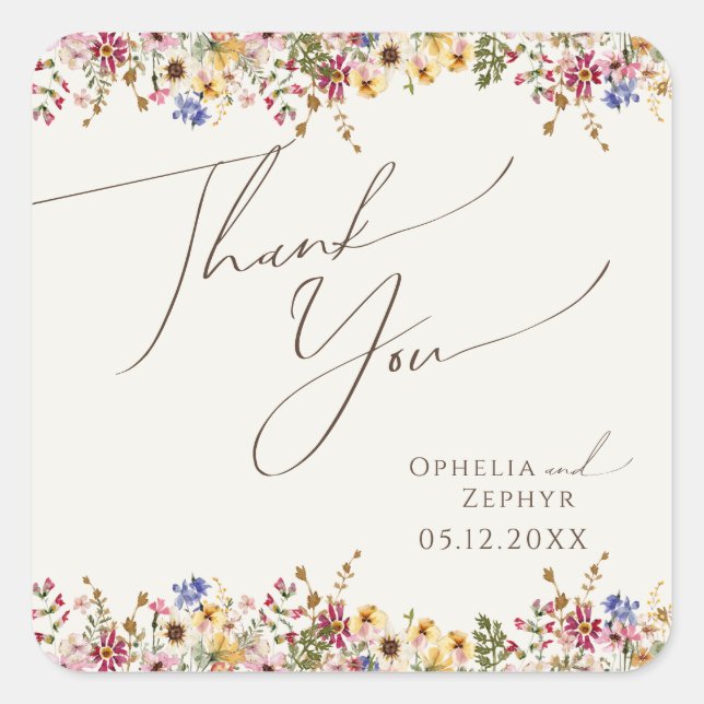Colourful Wildflower Meadow Beige Wedding Thank Yo Square Sticker (Front)