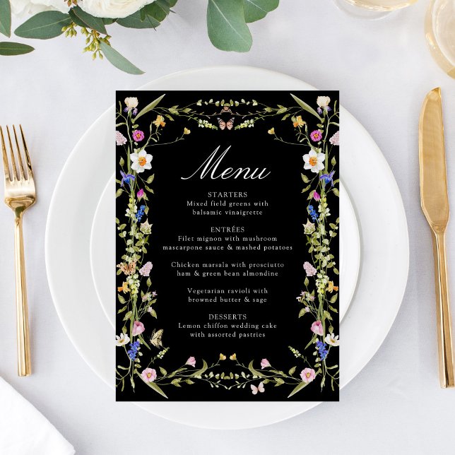 Colourful Wildflower Meadow Black Wedding Menu (Creator Uploaded)