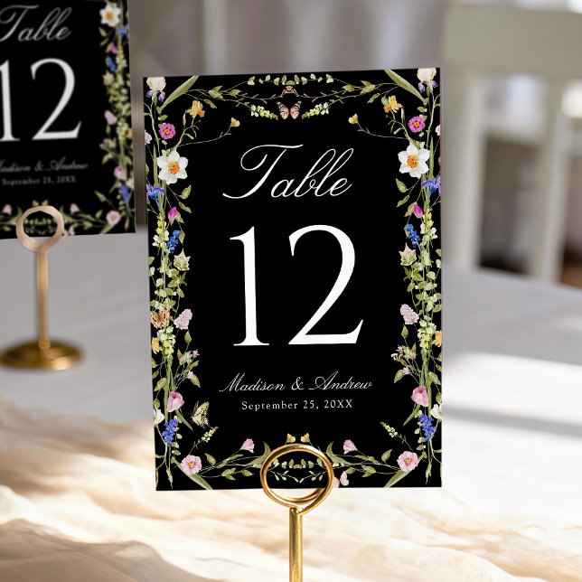 Colourful Wildflower Meadow Black Wedding Table Number (Creator Uploaded)