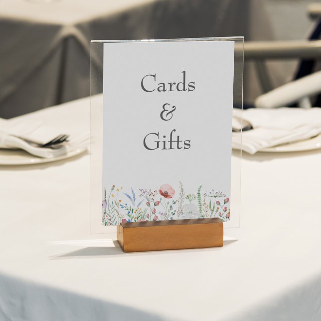 Colourful Wildflower Meadow Cards & Gifts Sign (Colorful Wildflower Meadow Cards & Gifts Sign on a white wedding table.)