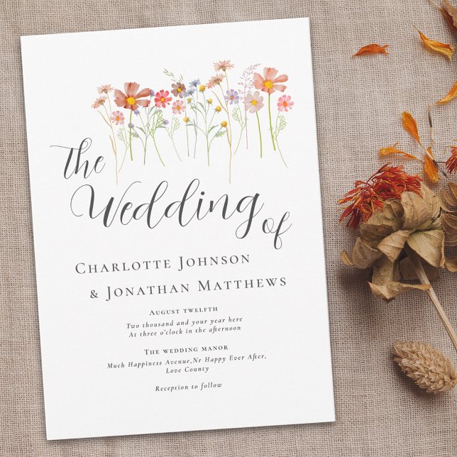 Colourful Wildflower Meadow Elegant Script Invitation (Colorful Wildflower boho floral elegant script Wedding invitation Watercolor flowers fall colors)