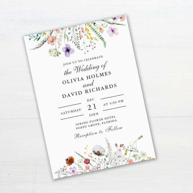 Colourful Wildflower Meadow Floral Wedding  Invitation (Wildflower Meadow Wedding Invitation on off-white background)