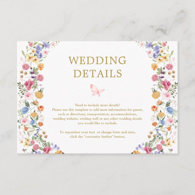 Colourful Wildflower Meadow Garden Wedding Details Enclosure Card (Front)