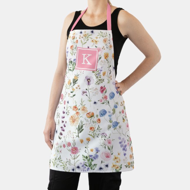 Colourful Wildflower Meadow Pattern Monogram Apron (Insitu)