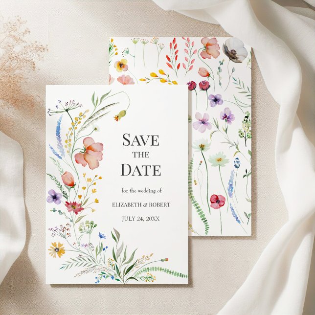 Colourful Wildflower Meadow Save the Date Card (Boho Watercolor Wildflowers Save The Date Card on elegant silky tableclothes)