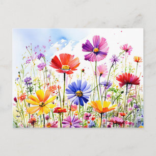 Colourful Wildflower Meadow Watercolor Postcard