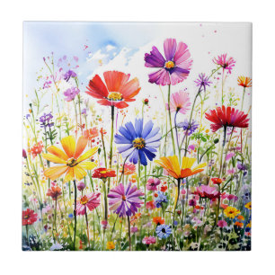 Colourful Wildflower Meadow Watercolor Tile