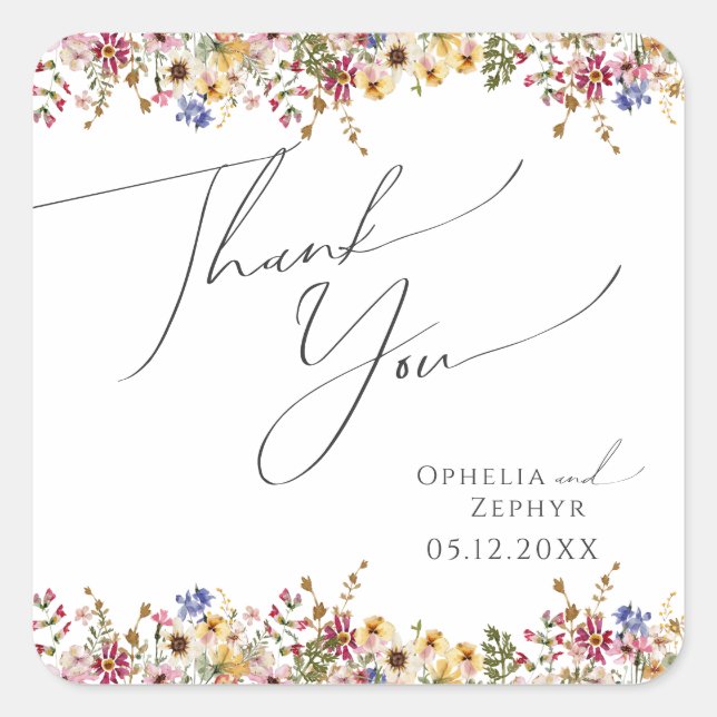 Colourful Wildflower | Meadow Wedding Thank You Square Sticker (Front)